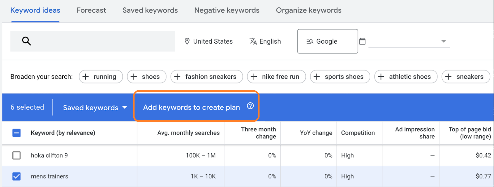 Add keywords to create plan